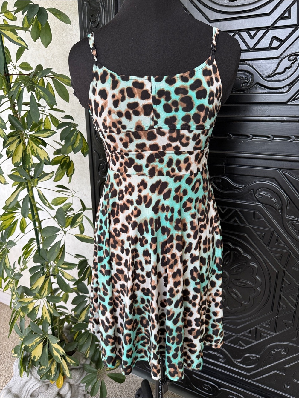 Leopard Print Skater Skirt Dress in Teal and Brown